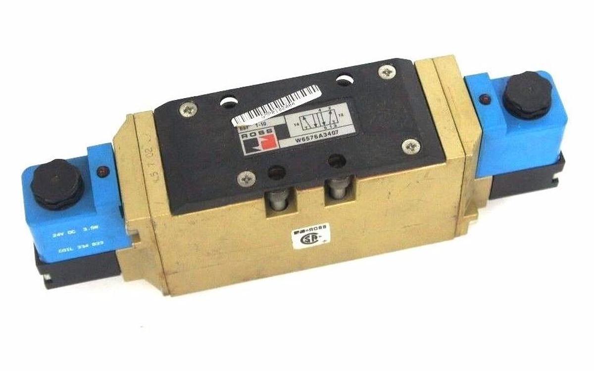 Used ROSS W6576A3407 SOLENOID VALVE 1-10 BAR W/ 334-B33 COILS 24VDC, 3.5W