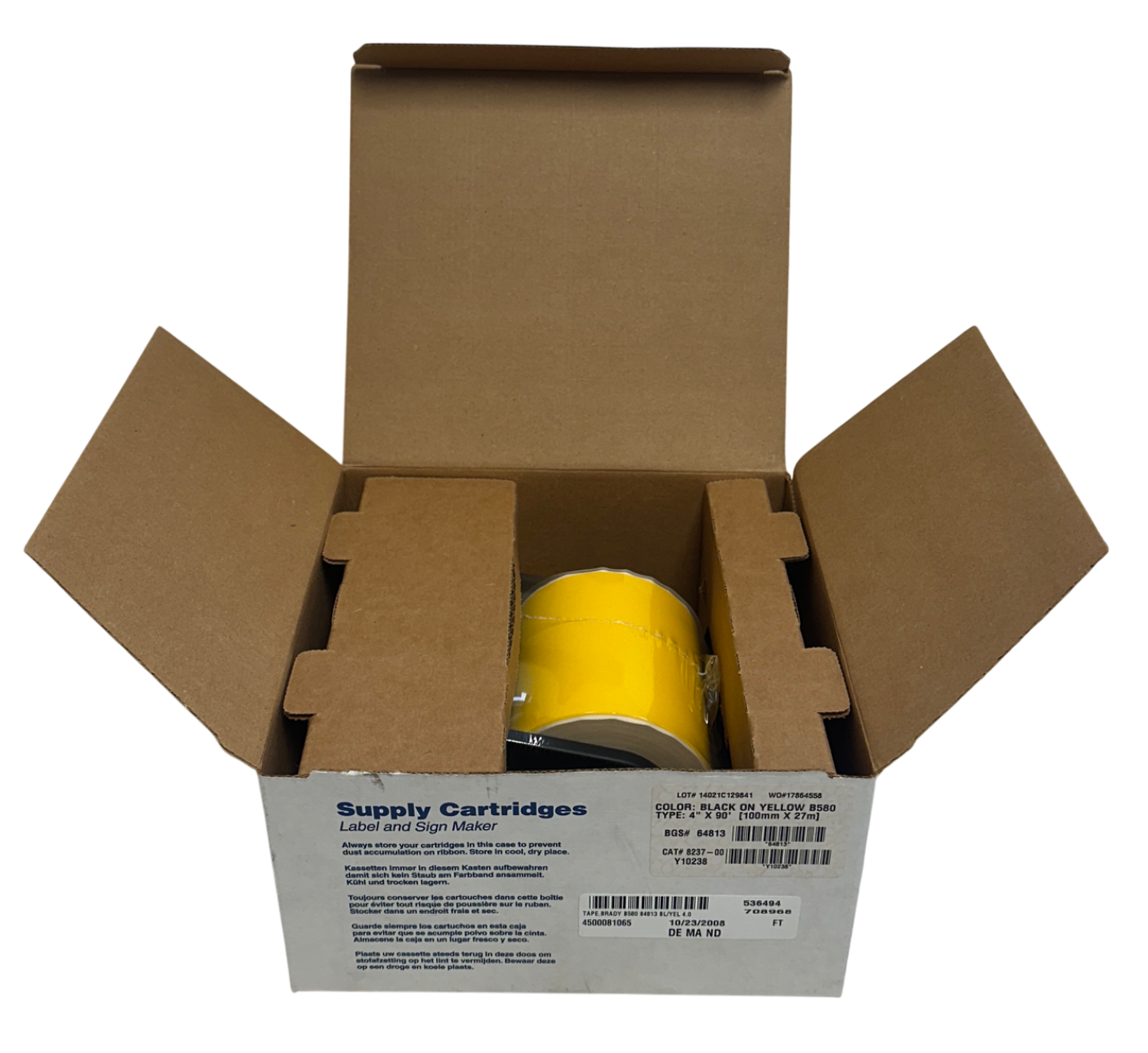 Used BRADY 8237-00 / 823700 BLACK ON YELLOW B580 TYPE: 4''X90' (100mmX27mm) NSMP