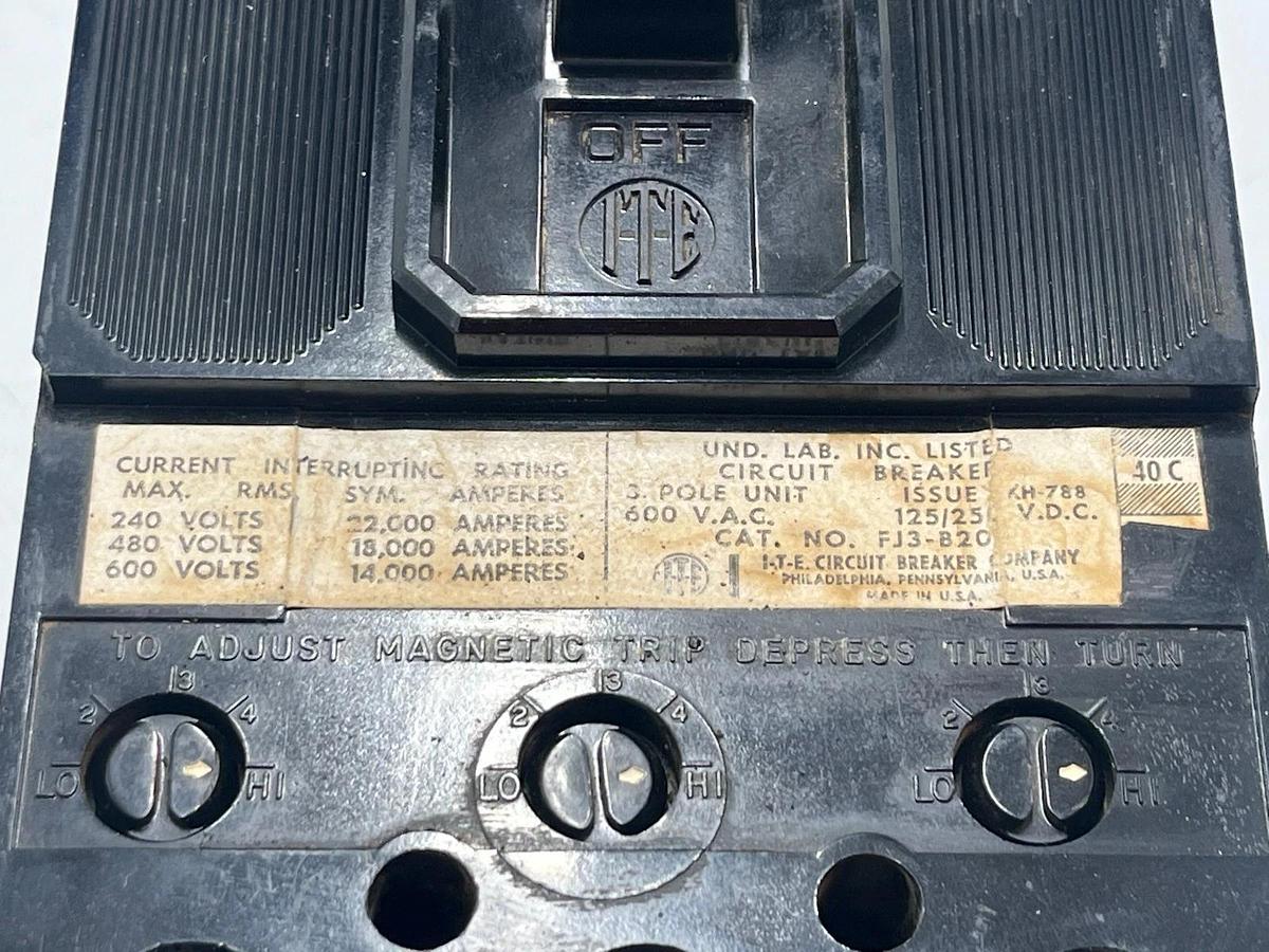 Used ITE FJ3-200 CIRCUIT BREAKER 200 AMP 3 POLE 600 VAC