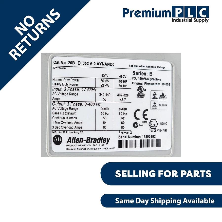 Used ALLEN BRADLEY 20BD052A0AYNAND0 /B POWERFLEX 700 AC DRIVE 40HP F/W V 10.002 820919021299