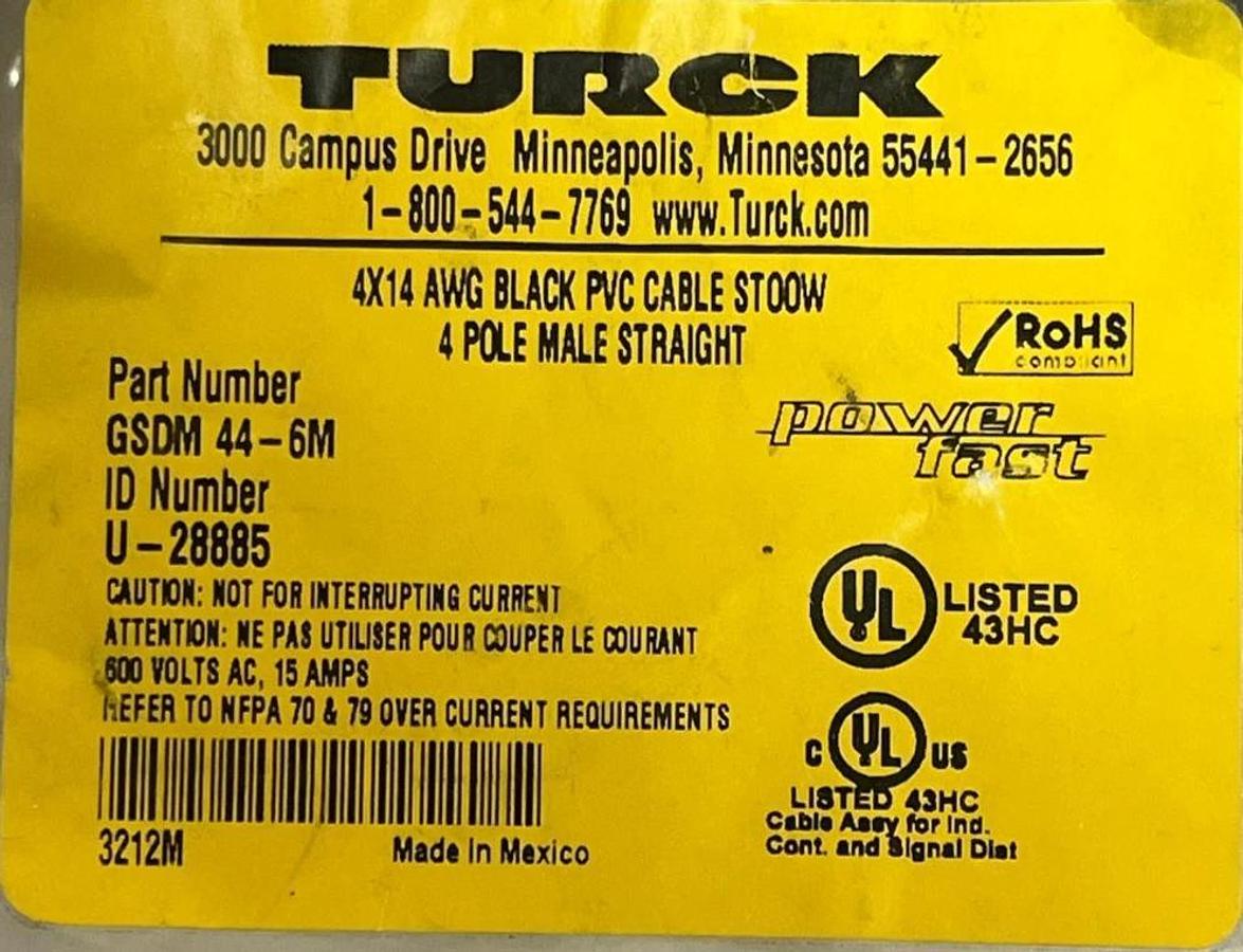 Turck GSDM 44-6M Powerfast Power Cordset 4-Pin 6m U-28885 NEW