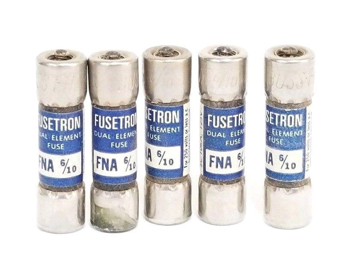 Used LOT OF 5 BUSSMANN FNA-6/10 FUSETRON DUAL ELEMENT FUSES