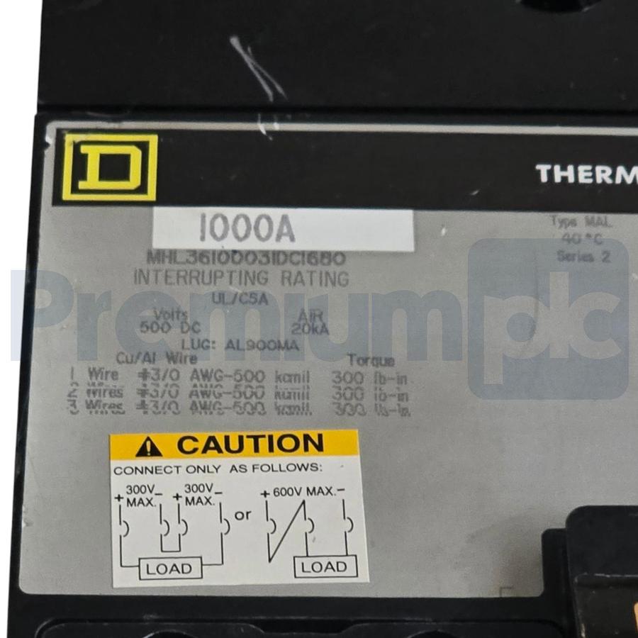 Used Square D MHL36100031DC1680 | MHL361000 1000A 3-Pole Circuit Breaker w/Trip USPI