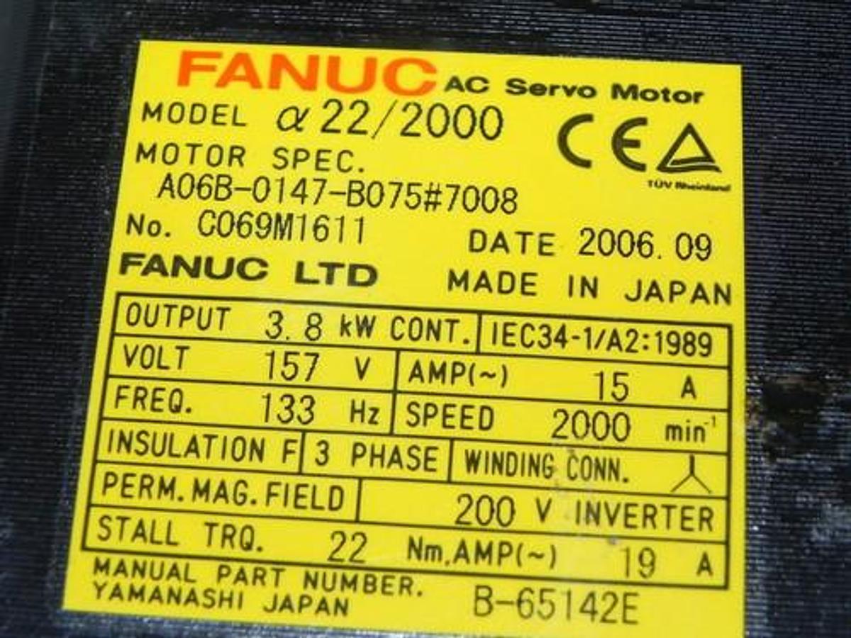 Used FANUC A06B-0147-B075#7008 SERVO MOTOR AC A22/2000 A64 PULSE A06B0147B075