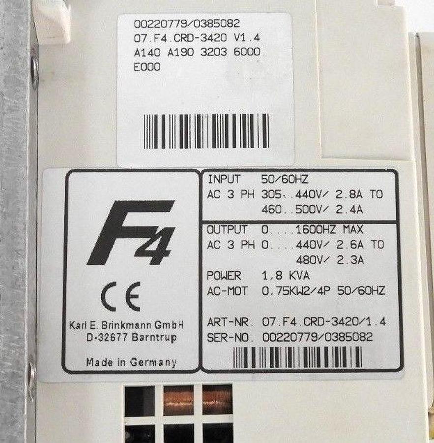 Used KEB COMBIVERT 07.F4.CRD-3420 V1.4 FREQUENCY CONVERTER DRIVE W/ 00.F4.010-1009