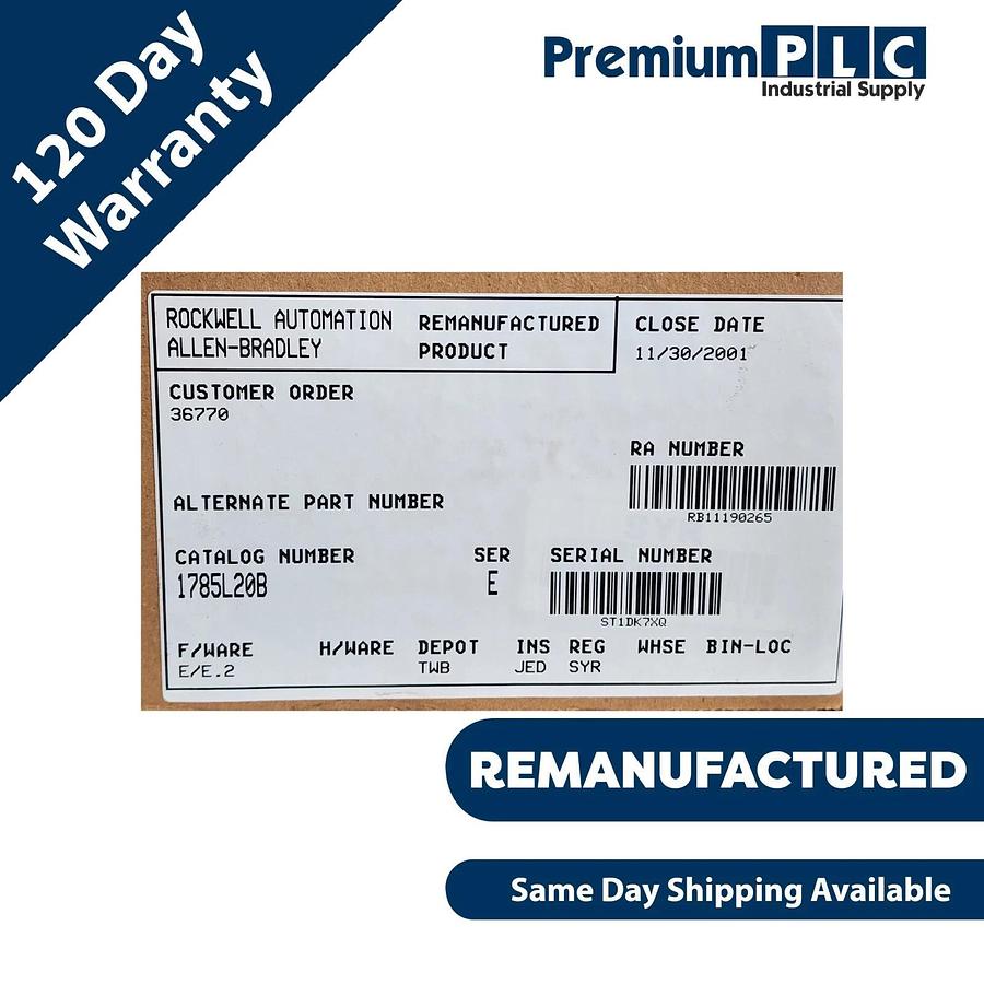 Used REMAN. ALLEN BRADLEY 1785-L20B /E PLC-5/20 PROCESSOR MODULE REV. L01 1785-L20B/E