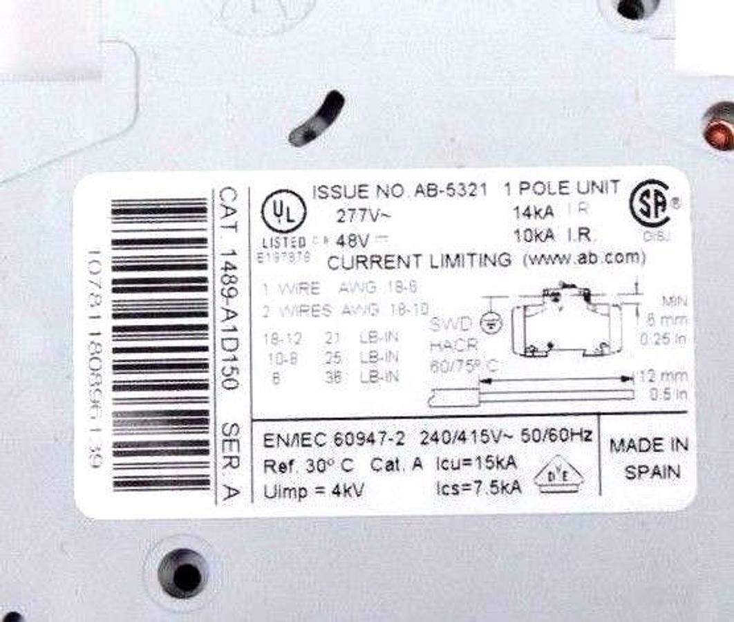 Used LOT OF 2 ALLEN BRADLEY CIRCUIT BREAKERS 1489-A15150 & 1489-A1C060 SER A, 277V