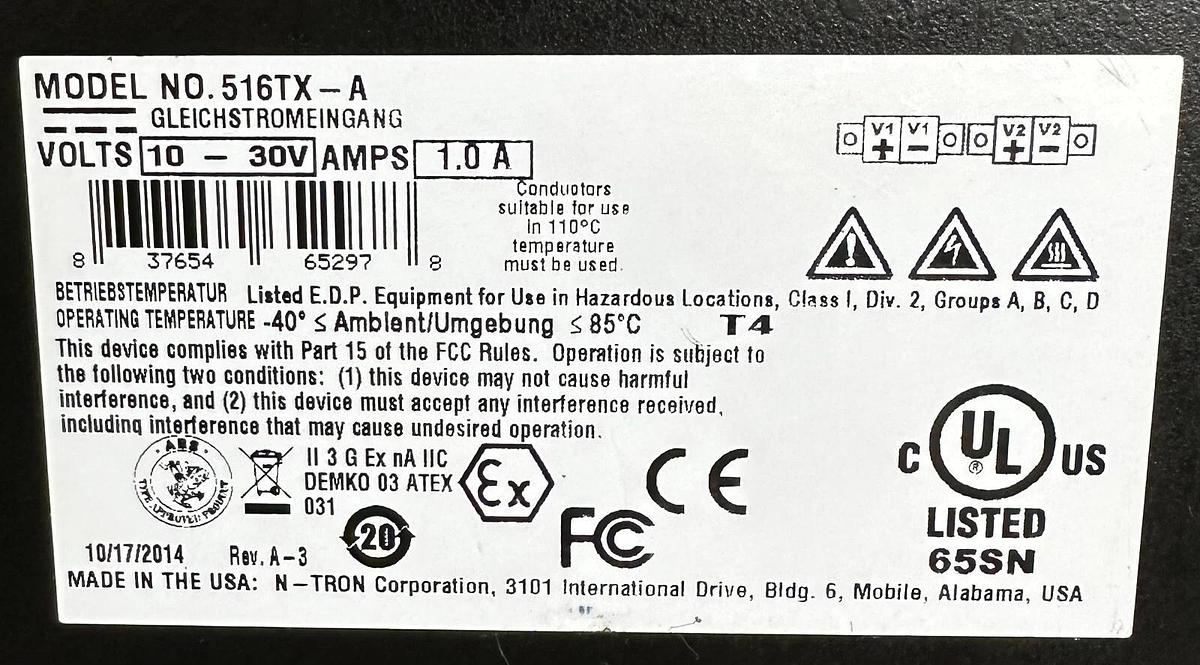 Used N-TRON 516TX-A / 516TXA INDUSTRIAL ETHERNET SWITCH 16-PORT 10/30VDC 1.0A 516TX