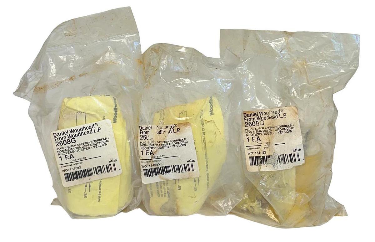 Used 3 NEW DANIEL WOODHEAD 2608G SUPER SAFEWAY PLUG 20A 250V NEOTEX YELLOW NSFS