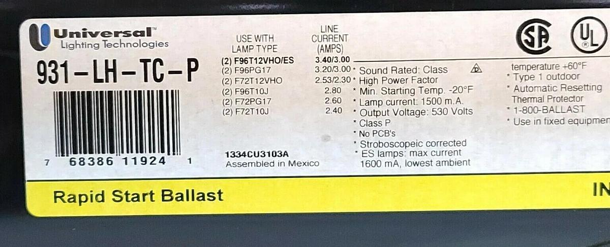 Used NIB UNIVERSAL LIGHTING TECHNOLOGIES 931LHTCP000I MAGNETIC BALLAST 120V 60HZ
