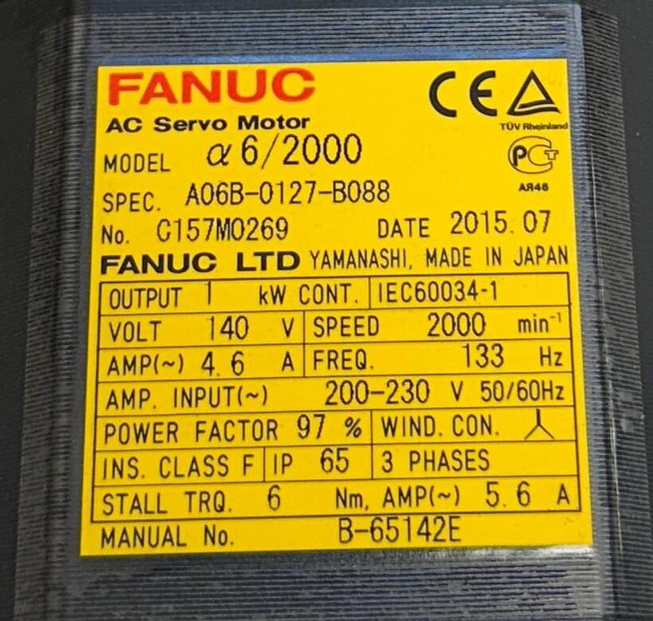 Used FANUC A06B-0127-B088 / A06B0127B088 AC SERVO MOTOR a6/2000 1kW OUTPUT 140V NSNP