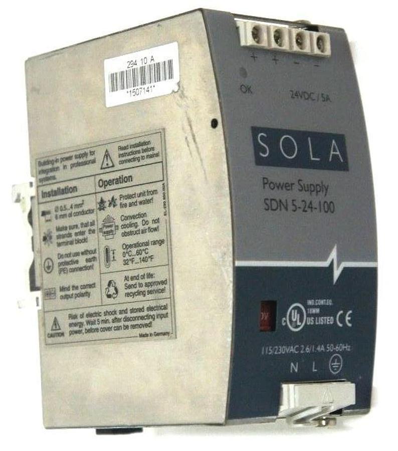 Used SOLA SDN5-24-100 POWER SUPPLY SDN524100, 115/230 VAC, 2.6-1.4A, 50/60HZ