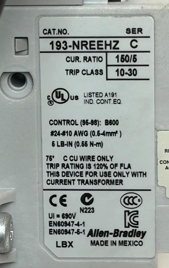 Used Allen-Bradley 592-EEHE E1 Plus Electronic Overload Relay 30-150A 150:5 CT