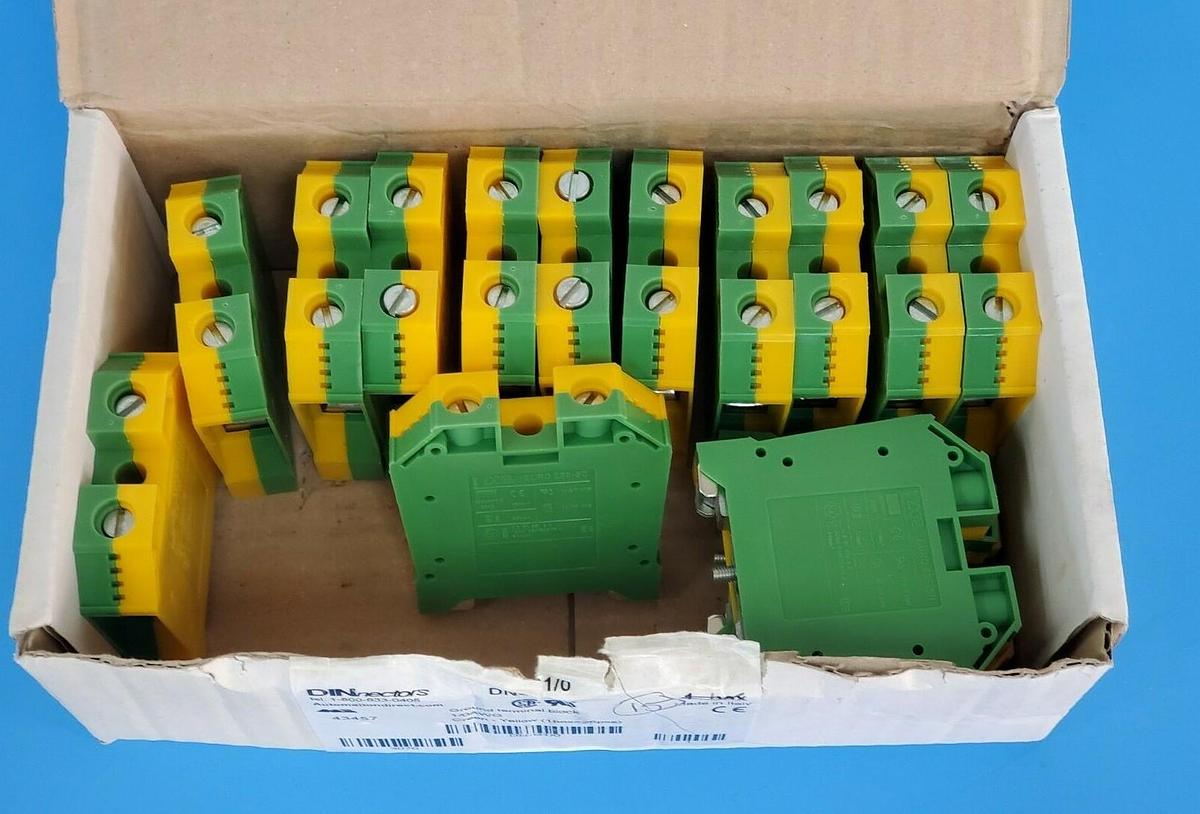 Used BOX OF 15 NEW AUTOMATION DIRECT DN-G1/0 TERMINAL BLOCKS GREEN-YELLOW 1/0AWG
