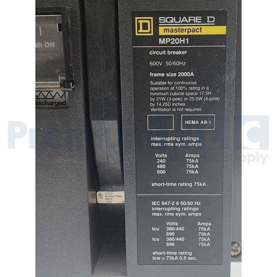 Used SQUARE D MP20H1 MASTERPACT CIRCUIT BREAKER 2000A 4P FRAME W/STR18M 1600AMP TRIP