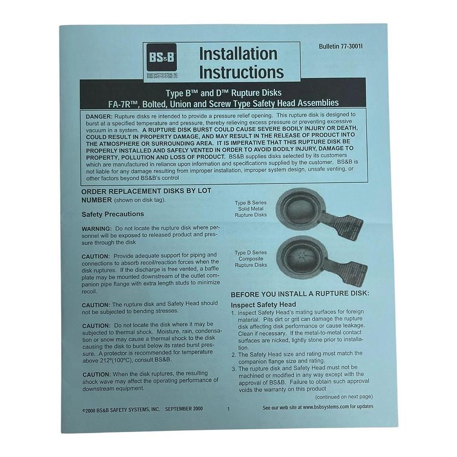 BS&B 3" DV (L) Rupture Disk 118 psi(G) 316 Stainless Steel Teflon 1067007 NEW