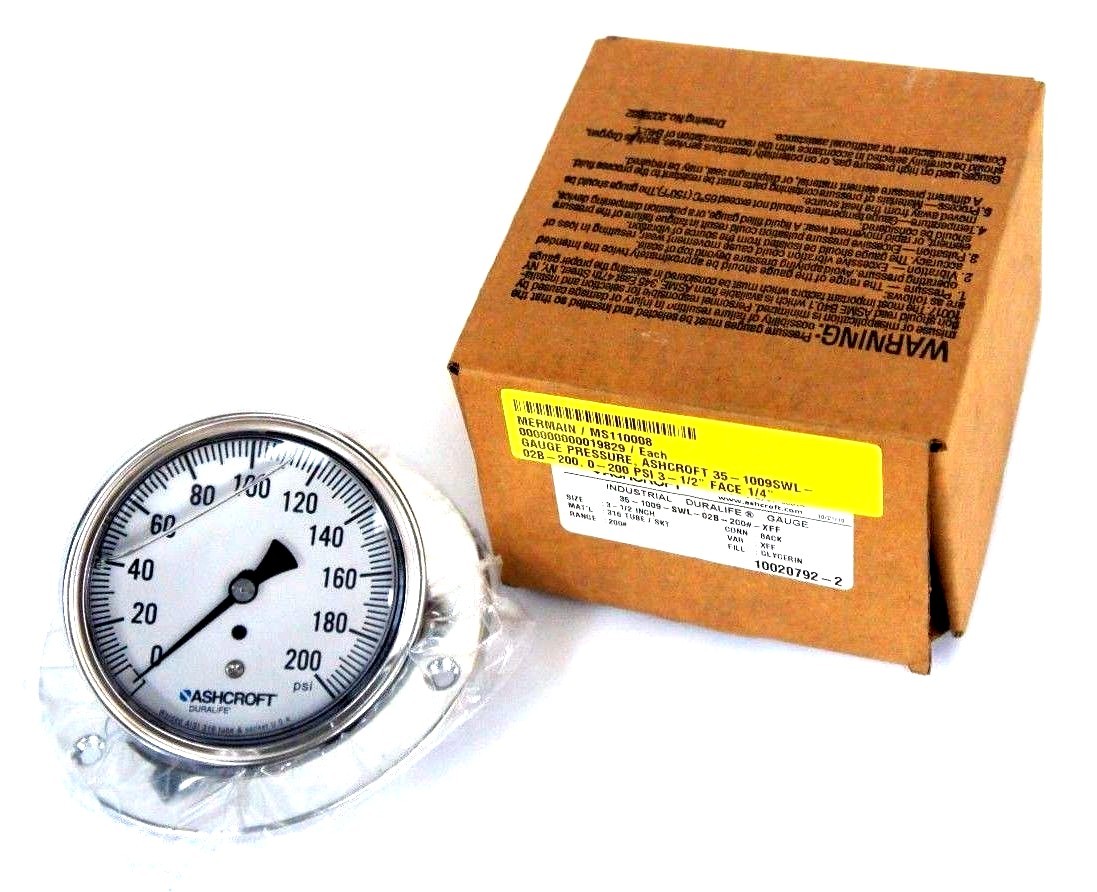 Used NIB ASHCROFT 35-1009-SWL-02B-200#-XFF GLYCERIN PRESSURE GAUGE  0-200PSI 3 1/2"