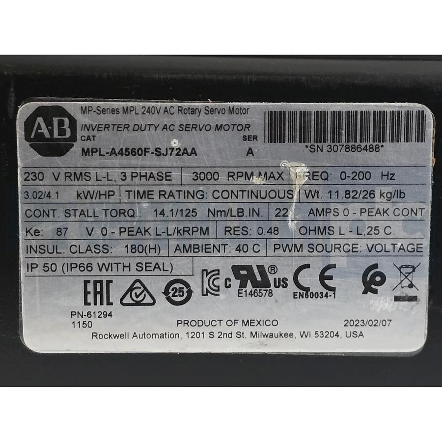 ALLEN BRADLEY MPL-A4560F-SJ72AA /A Kinetix MPL AC SERVO MOTOR 230V NSNP (read)