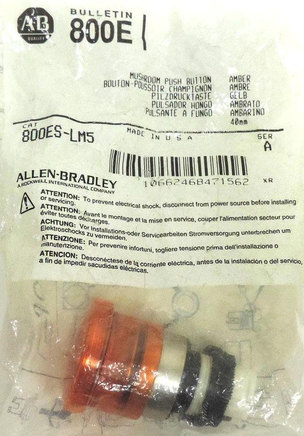 Used NEW ALLEN BRADLEY 800ES-LM5 AMBER MUSHROOM PUSHBUTTON SER. A