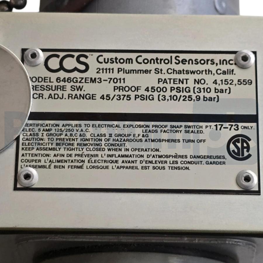 Used CCS Custom Control Sensors 646GZEM3-7011 Dual-Snap Ex Pressure Switch 45-375PSIG