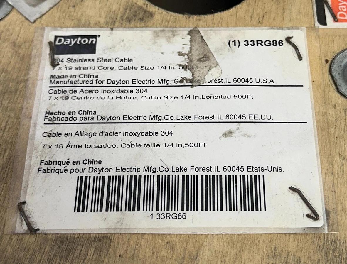 Used DAYTON 33RG86 STAINLESS STEEL CABLE 304 SIZE 7 x 19 1/4'' 500FT 1280LBS NSMP