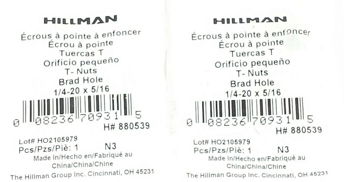 Used LOT OF 2 NEW HILLMAN T-NUTS BRAD HOLE 1/4-20 X 5/16, H# 880539