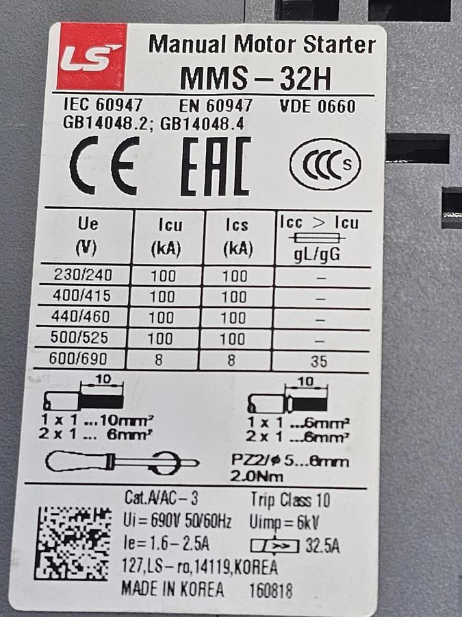 NEW LS ELECTRIC MMS-32H MANUAL MOTOR STARTER MMS32H (1.6-2.5A)