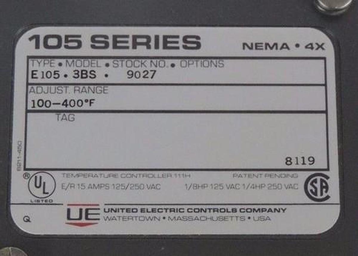 Used NIB UNITED ELECTRIC CONTROLS TYPE E105-3BS TEMPERATURE CONTROLLER 9027 100-400F