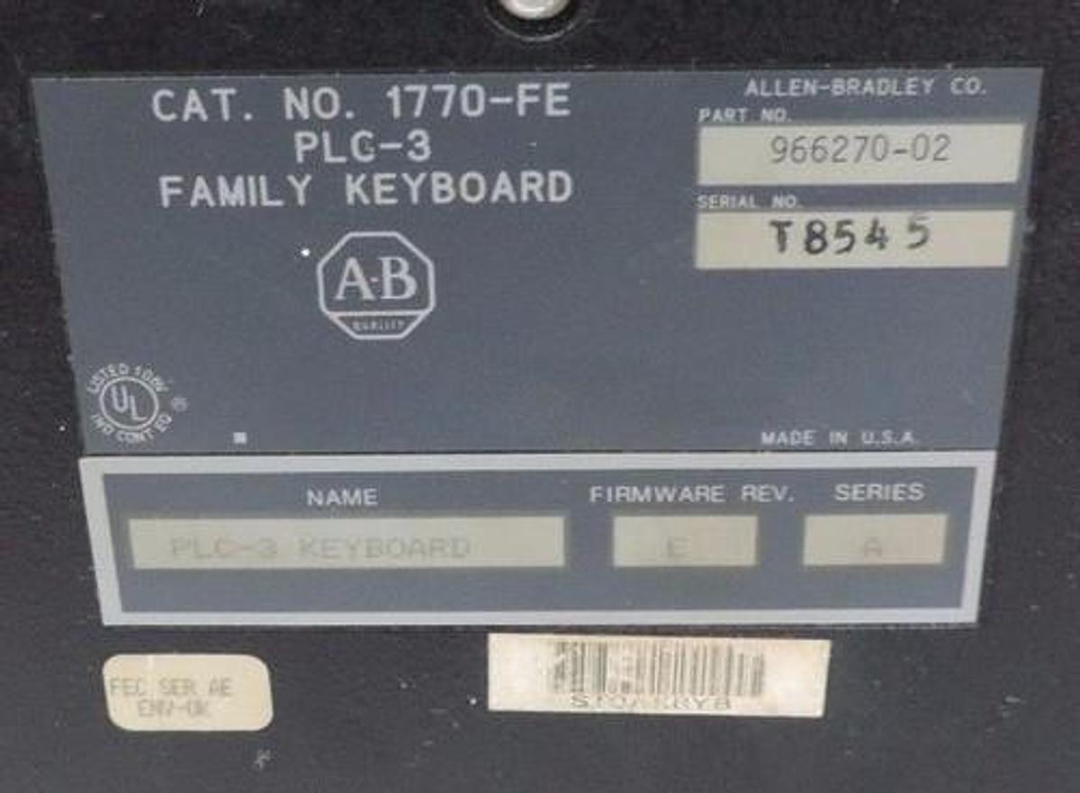 Used ALLEN BRADLEY 1770-FE PLC-3 KEYBOARD P/N 966270-02 F/W REV. E SER A 1770FE