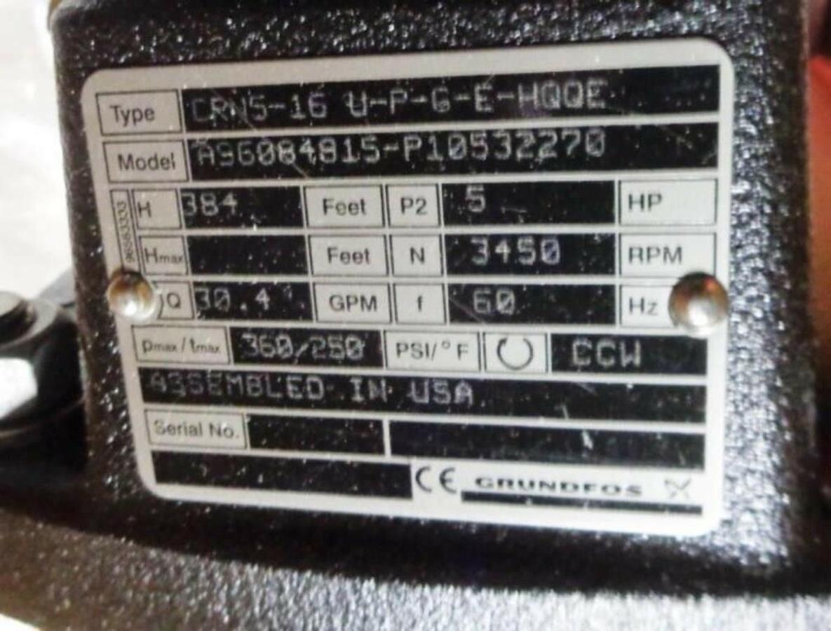 Used NEW GRUNDFOS 96084815, MODEL CRN5-16 CRN 5 SERIES VERTICAL CENTRIFUGAL PUMP END