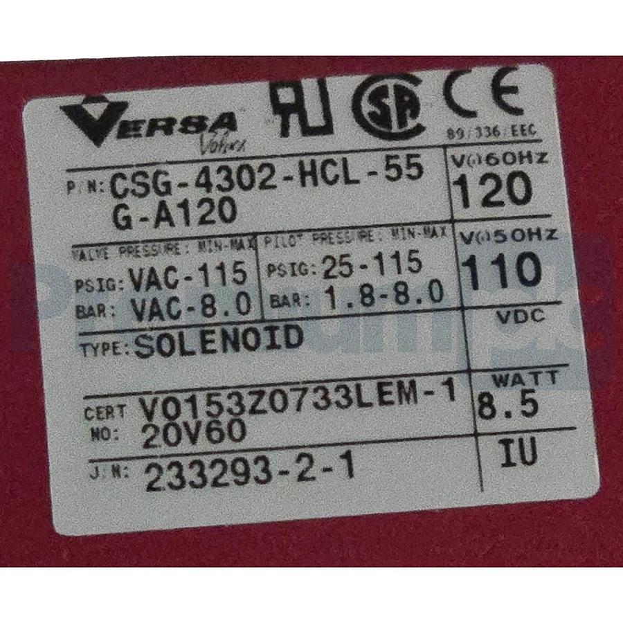 Versa Valves CSG-4302-HCL-55G-A120 Pneumatic 4-Way Valve, 120V AC, 1/4" NPT NSMP