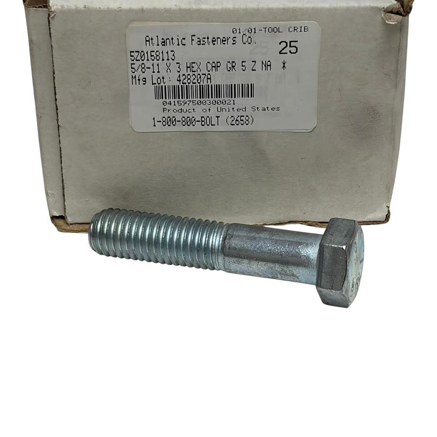Used Box of 25 Atlantic Fasteners 5/8-11 x 3" Grade 5 Zinc Hex Cap Screw Bolts