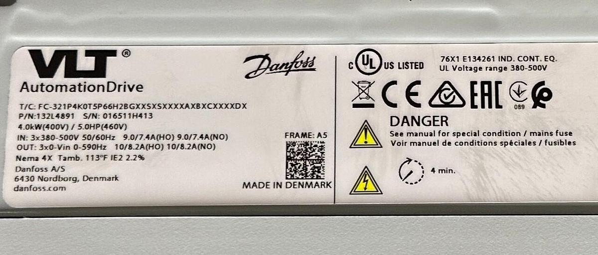 Used DANFOSS FC-321P4K0T5P66H2BGXXSXSXXXXAXBXCXXXXDX / 132L4891 AutomationDrive NSNP