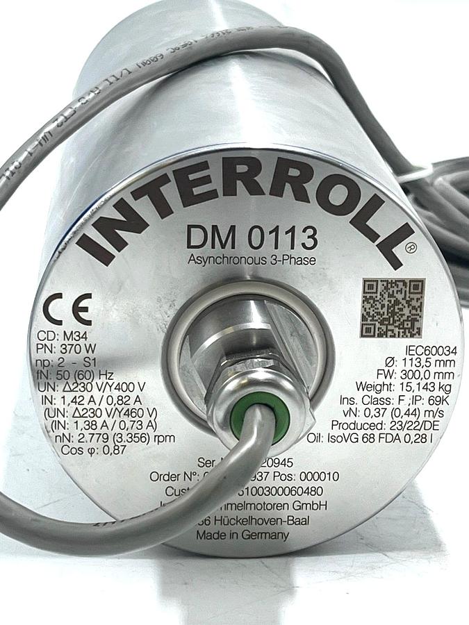 Used Interroll DM 0113 Drum Motor 370W 460V 3PH 113.5mm x 300mm FW IP69K NSNP