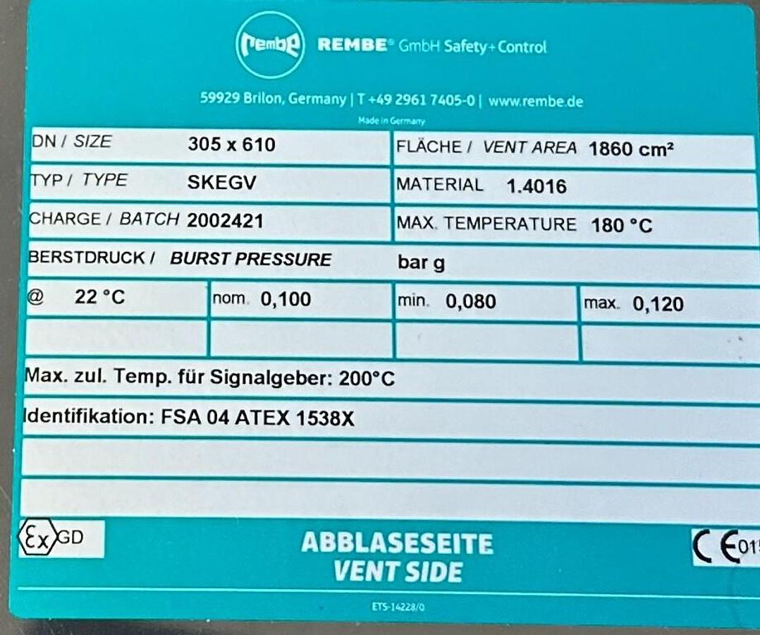 Used REMBE SKEGV 305 x 610 DN FSA04 ATEX 1538X 2002421 EXPLOSION VENT EGV 1.4016 NSMP