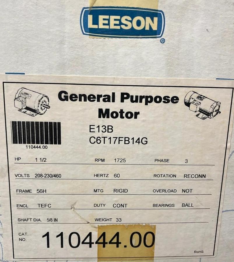 LEESON 110444.00 ELECTRIC MOTOR 1.5HP 1725RPM 3PH 56H TEFC 208-230/460V