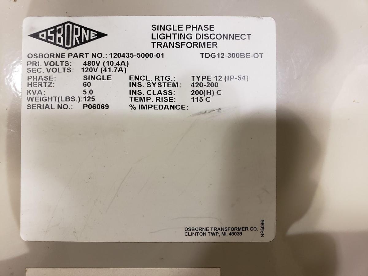 Used OSBORNE 120435-5000-01 LIGHTING DISCONNECT TRANSFORMER TDG12-300BE-OT 120-480V