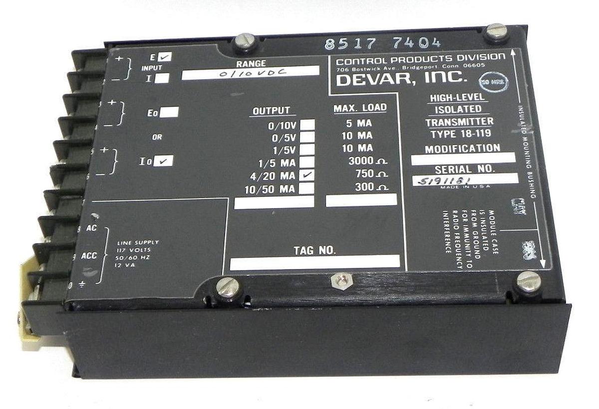 Used DEVAR 18-119 HIGH-LEVEL ISOLATED TRANSMITTER 18119