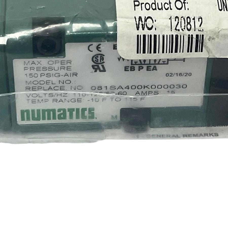 Used ASCO Numatics 081SA400K000030 Solenoid Air Control Valve Mark 8 Series Sealed