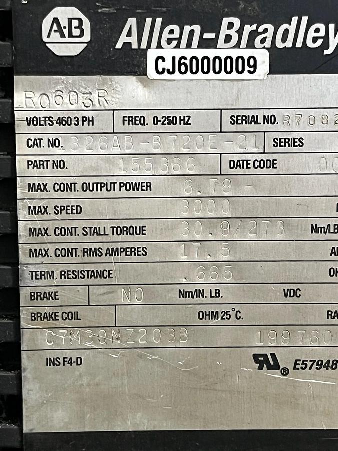 Used Allen Bradley 1326AB-B720E-21 Servo Motor | 6.8kW | 460V | 3500 RPM | 30.9 Nm