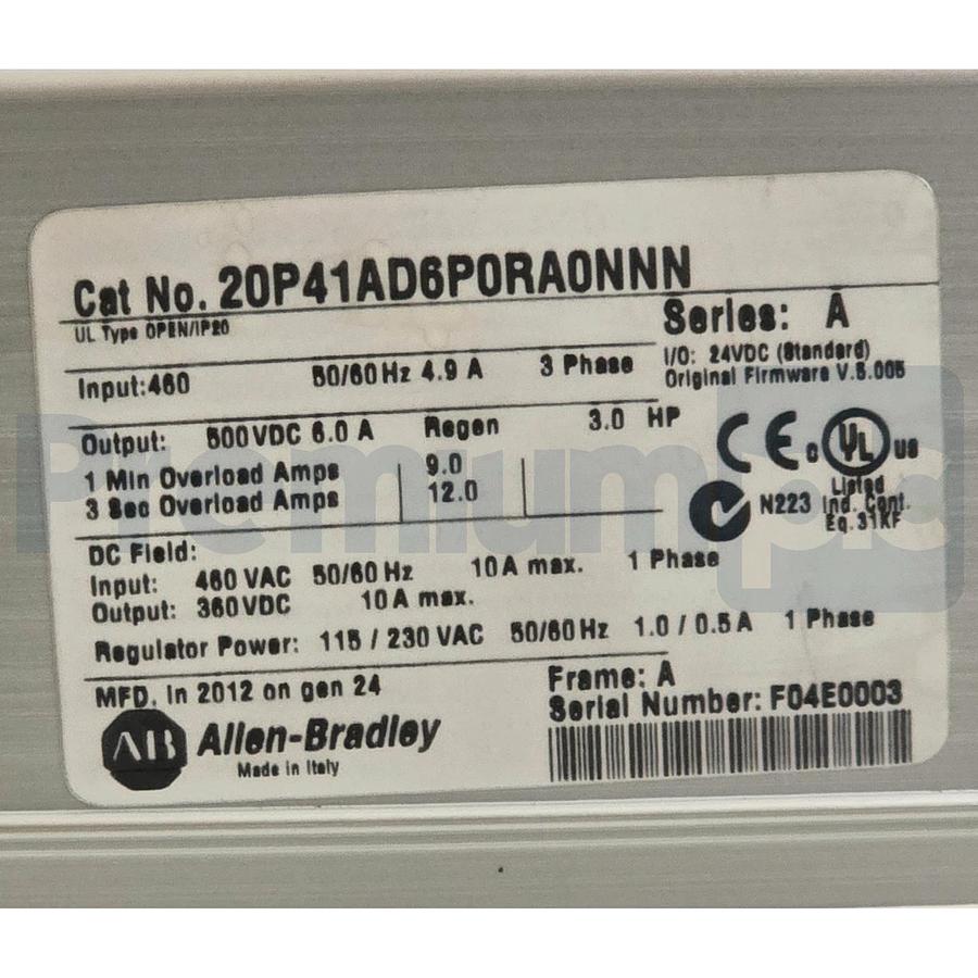 Used Allen-Bradley 20P41AD6P0RA0NNN /A PowerFlex DC Drive 3HP 460VAC 3PH w/HMI USPI