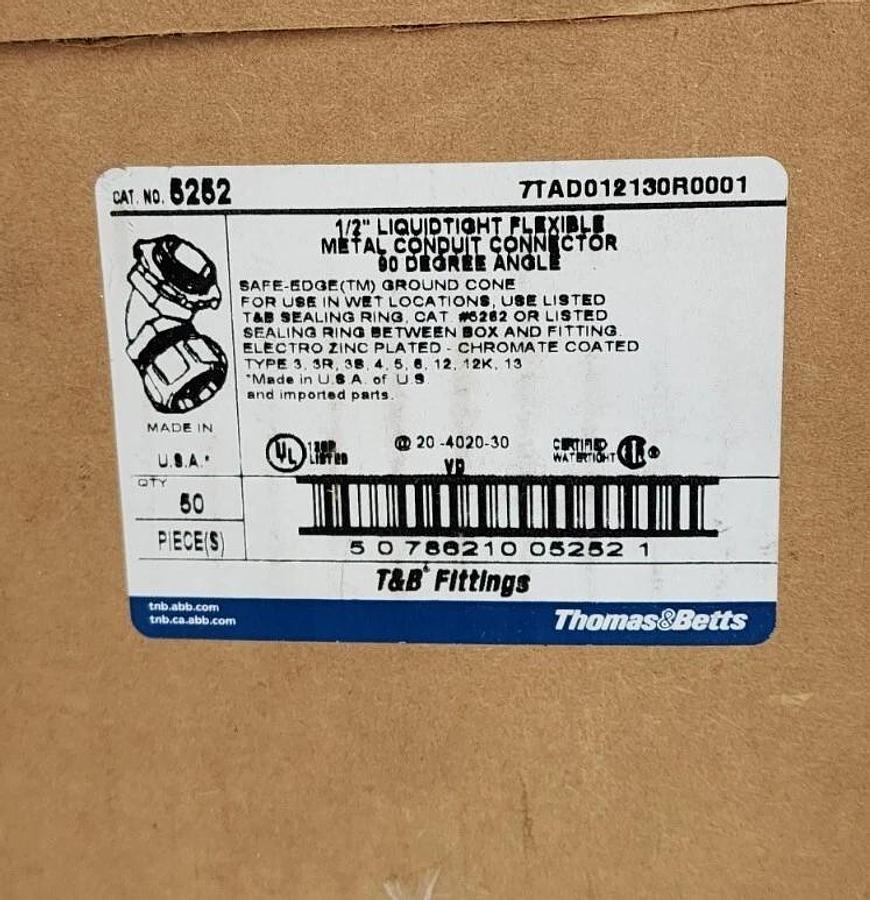 Used BOX OF 50 NEW THOMAS & BETTS 5252 1/2'' LIQUIDTIGHT FLEXIBLE METAL CONNECTORS