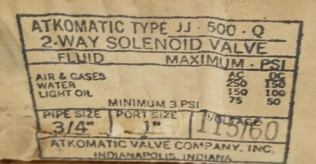 Used NIB ATKOMATIC JJ-500-Q 2-WAY SOLENOID VALVE 3/4" 115V/60HZ JJ500Q JJ-500 JJ500