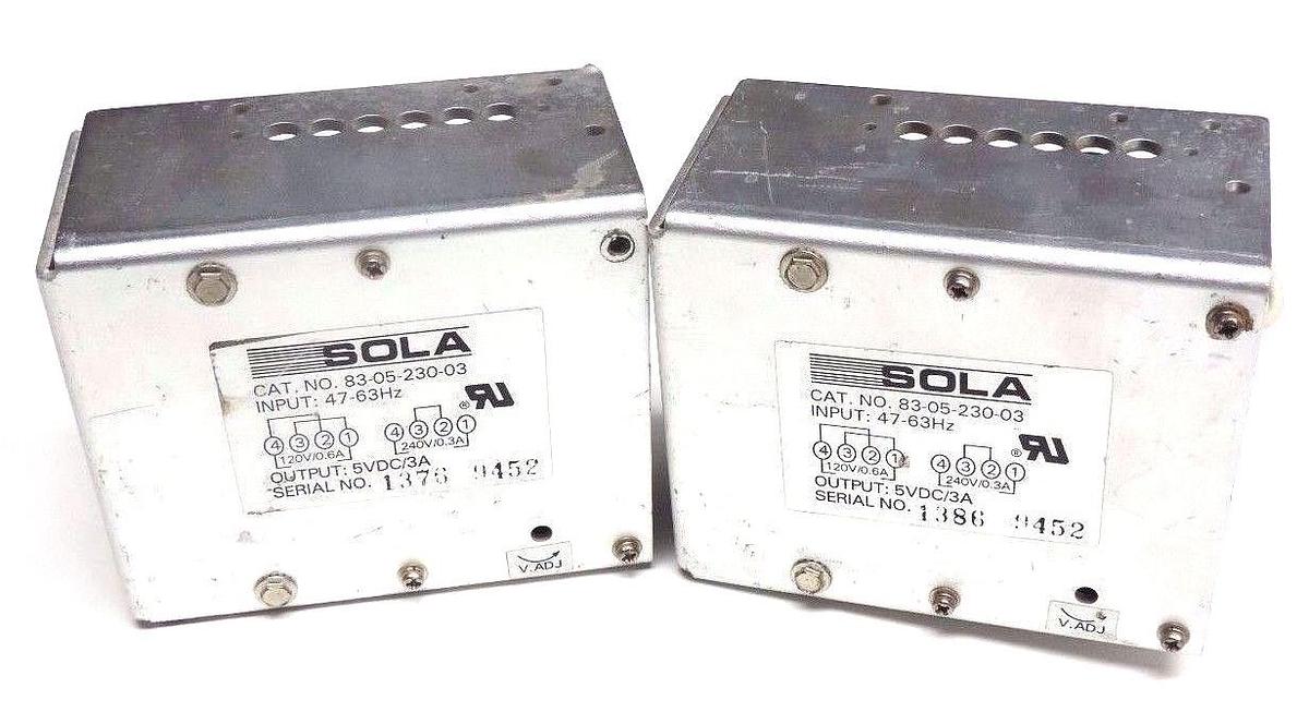 Used LOT OF 2 SOLA 83-05-230-03 POWER SUPPLY 47/63HZ, 5VDC, 3A, 830523003