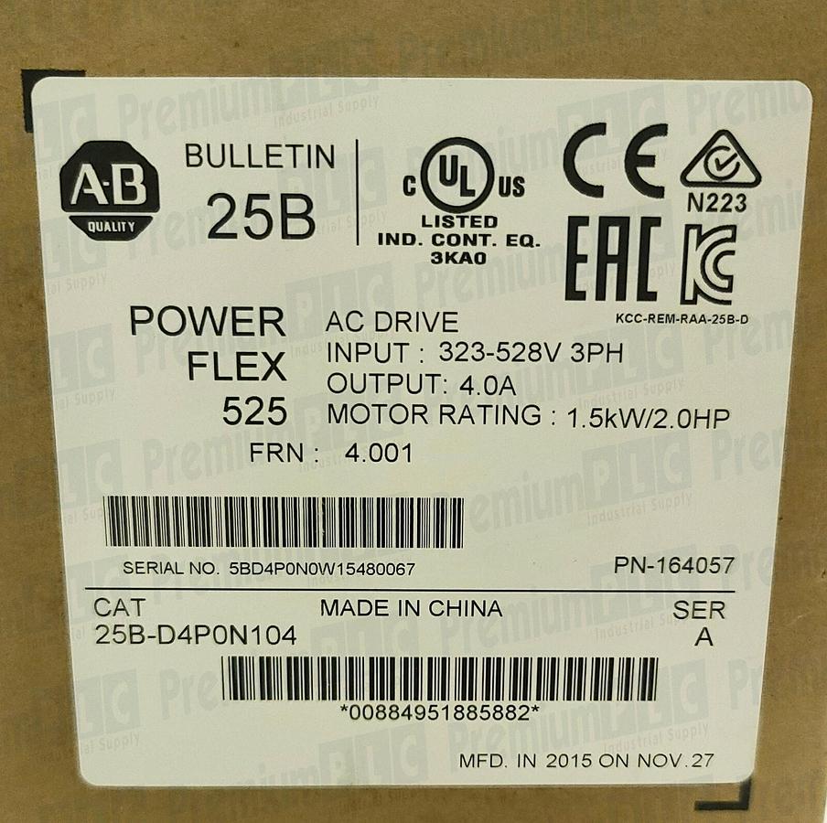 ALLEN BRADLEY 25B-D4P0N104 /A POWERFLEX 525 AC DRIVE 1.5kW/2.0HP FRN 4.001 NSFS