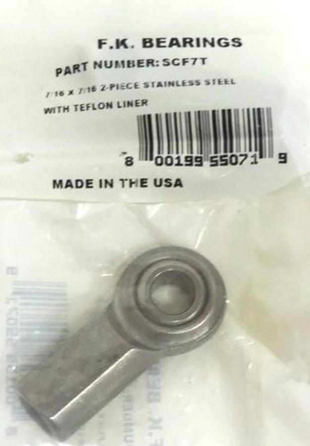NEW F.K. BEARINGS SCF7T 2-PIECE STAINLESS STEEL 7/16 X 7/16 W/ TEFLON LINER