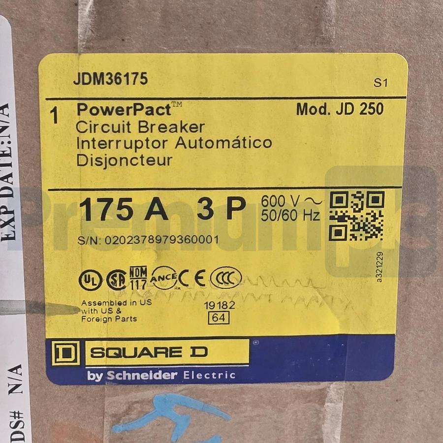 Used Square D JDM36175 PowerPact J-Frame 175A 3P 600V Circuit Breaker NSFS