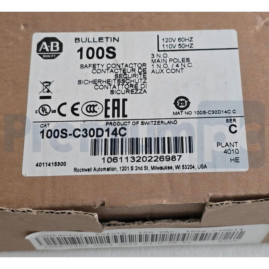 Used Allen-Bradley 100S-C30D14C /C Safety Contactor 30A 110/120V 3NO 1NO/4NC Aux NSMP
