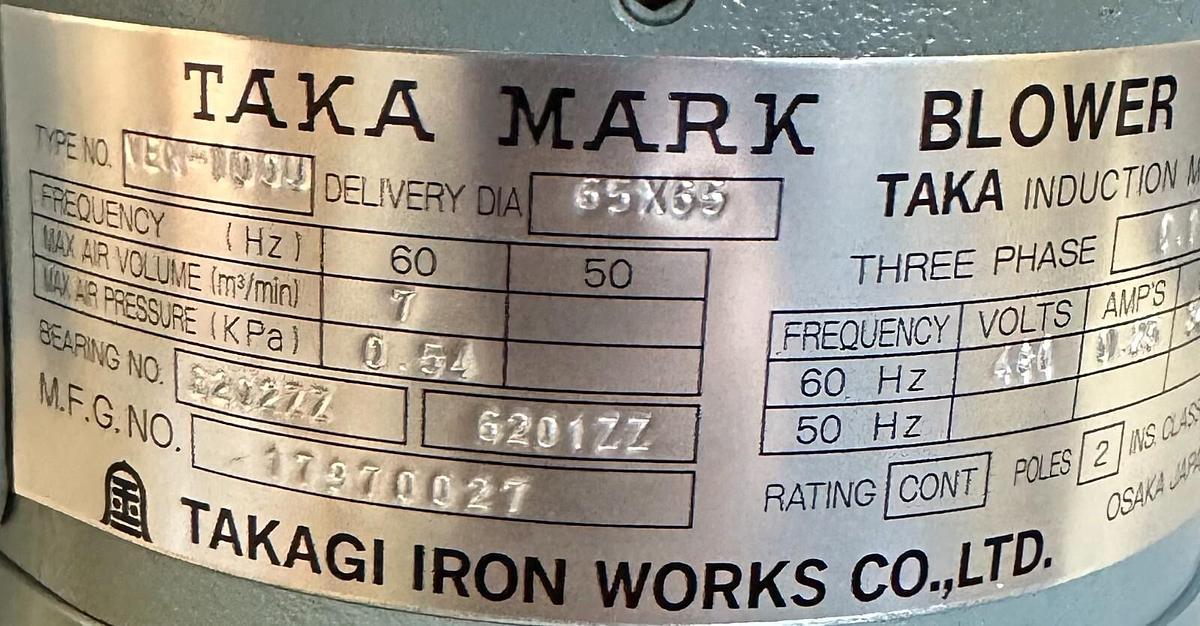 Used NEW TAKAGI TAKA MARK VEN-100U / VEN100U FAN & BLOWER W/ INDUCTION MOTOR 65x65