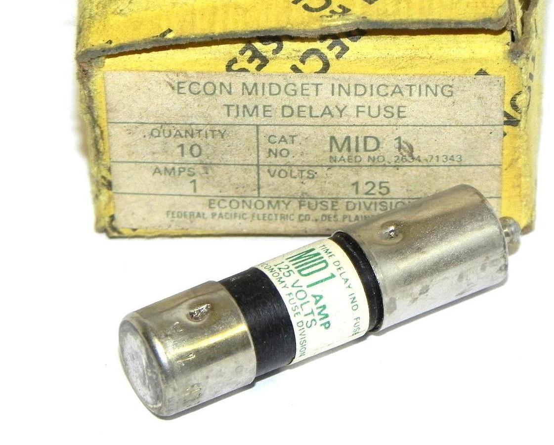 Used BOX OF 9 NEW ECONOMY MID1 TIME-DELAY FUSES 1AMP, 125V, MID-1